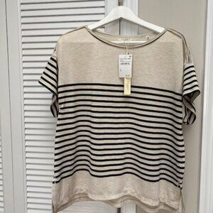 Max Studio London Black/Cream Striped Boxy Fit Shortsleeved Scoop Neck Top NWT M